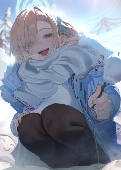 1boy 1girl absurdres asuna_(blue_archive) blonde_hair blue_archive blue_eyes blue_halo blue_jacket blush branch breasts character_snowman doodle_sensei_(blue_archive) hair_over_one_eye hair_ribbon halo highres holding holding_branch jacket large_breasts long_hair looking_at_viewer open_mouth pantyhose ribbon scarf sensei_(blue_archive) smile squatting sweater white_scarf white_sweater ziki_(gkdlfnzo1245)