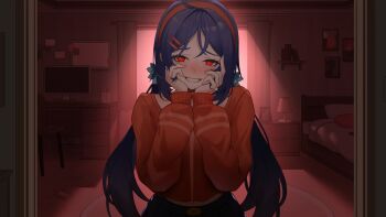 1girl arc2urus bed bedroom blue_hair blue_skirt commentary commission computer crazy_mita_(miside) crazy_smile curtains desk_lamp hair_ornament hairband indoors lamp long_hair long_sleeves looking_at_viewer low_twintails midriff_peek miside mita_(miside) monitor puffy_long_sleeves puffy_sleeves red_eyes red_hairband red_shirt shirt skirt smile solo twintails wardrobe yandere yandere_trance