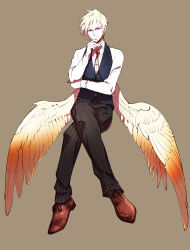 Rule 34 | 1boy, angel, angel wings, bishounen, black vest, blonde hair, bolo tie, brown background, brown footwear, brown pants, brown wings, closed mouth, collared shirt, collared vest, commentary request, crossed legs, feathered wings, full body, gem, gensoudanshi, hand up, highres, long sleeves, looking at viewer, low wings, male focus, orange wings, original, pants, pink eyes, red gemstone, shirt, short hair, simple background, smile, solo, striped clothes, striped pants, vest, white shirt, wings