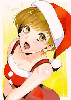 1girl bare_shoulders christmas collarbone commentary_request earrings hat highres inuha_dayo52 jewelry persona persona_4 santa_hat satonaka_chie short_hair solo