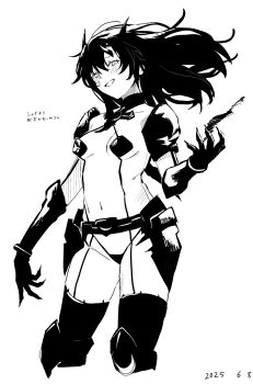 Rule 34 | 1girl, armor, belt, blush, breasts, dated, gloves, greyscale, grin, highres, koishikawa iko, long hair, monochrome, navel, shoulder armor, shy (series), simple background, small breasts, smile, solo, stomach, takatisakana, teeth, thighhighs, white background