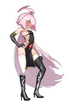 1girl :q absurdres bare_shoulders black_dress blush boots china_dress chinese_clothes clothing_cutout dress elbow_gloves flat_chest full_body gloves high_heel_boots high_heels highres long_hair looking_at_viewer naughty_face navel_cutout original pink_hair pubic_tattoo rikudo_yayoi sawtatsu sideless_dress smile solo tachi-e tattoo thigh_boots tongue tongue_out very_long_hair yellow_eyes