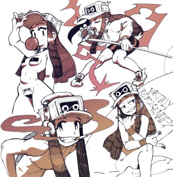 1girl absurdres arched_back artist_request barcode bare_shoulders black_eyes black_hair black_nails blowing_bubbles body_writing breasts bubble cassette_girl censored chewing_gum choker cigarette closed_eyes collarbone dot_nose earphones earrings female_focus friday_night_funkin&#039; hat highres hood hoodie jewelry limited_palette long_hair looking_at_viewer microphone microphone_stand mob_face multiple_views music nipple_pasties no_bra no_panties open_mouth partially_colored pasties pussy_pasty shoes singing sitting sleeveless small_breasts smile smirk smoke smoking smug smug standing sweater tank_top thick_thighs thighs unworn_shoes variations