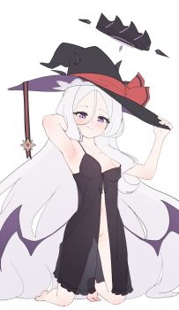 1girl absurdres black_halo blue_archive breasts demon_girl demon_horns demon_wings halloween halo hat highres hina_(blue_archive) horns long_hair looking_at_viewer nauvvii navel purple_eyes simple_background small_breasts solo very_long_hair white_background white_hair wings witch_hat