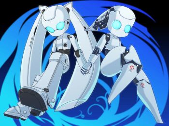 2girls blue_eyes colored_skin drossel_von_flugel fireball_(series) glowing glowing_eyes holding_hands humanoid_robot joints joy_(cyber_x_heaven) mechanical_hair multiple_girls no_humans no_mouth no_nose robot robot_girl robot_joints twintails white_skin