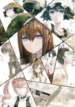 Rule 34 | 3boys, 5girls, :3, adam's apple, akiha rumiho, amane suzuha, animal ear hairband, animal ears, aqua eyes, arm belt, baseball cap, beard stubble, black bow, black hair, black shorts, black trim, blonde hair, blue dress, blue eyes, blue hat, blue jacket, blue pants, bob cut, bow, braid, breasts, broom, brown hair, brown jacket, cat ears, chest bow, chihaya (clothing), choker, coat, collar, collarbone, collared shirt, cover, dress, drill hair, everyone, expressionless, facial hair, fake animal ears, fat, fat man, fg204, frilled collar, frilled hat, frills, glasses, green shirt, hair between eyes, hair ornament, hair tie, hairband, hairclip, hakama, hakama skirt, hashida itaru, hat, high collar, holding, holding broom, huke, ibn5100, jacket, japanese clothes, jitome, kiryuu moeka, kosode, lab coat, lapels, logo, long hair, long sleeves, looking at viewer, makise kurisu, mayqueen maid uniform, medium hair, messy hair, miko, multiple boys, multiple girls, necktie, notched lapels, official art, okabe rintarou, one eye closed, pants, pink eyes, pink frills, pink hair, puffy short sleeves, puffy sleeves, purple eyes, purple trim, red hakama, red necktie, ribbon choker, ribbon trim, ringed eyes, science adventure, shiina mayuri, shirt, short sleeves, shorts, skirt, skull hair ornament, small breasts, smile, steins;gate, stubble, t-shirt, tareme, time machine, track jacket, trap, tsurime, twin braids, twin drills, twintails, urushibara luka, white coat, white shirt, wide sleeves, yellow eyes, yellow hat