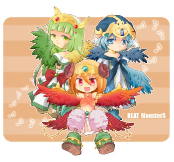 3girls beat_monsters blue_boots blue_eyes blue_gemstone blue_hair boots brown_boots brown_horns closed_mouth commentary_request criss-cross_halter curled_horns dancer dress expressionless full_body gem gold green_boots green_eyes green_hair halterneck harpy helm helmet horns long_hair looking_at_viewer monster_girl multiple_girls musical_note open_mouth orange_background orange_hair pointy_ears red_eyes red_gemstone smile suni_(pixiv401818) white_dress winged_arms wings