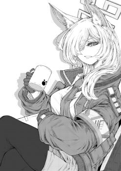 1girl absurdres animal_ear_fluff animal_ears armband blue_archive breasts commentary_request crossed_legs cup dog_ears dog_girl extra_ears eyelashes greyscale hair_over_one_eye halo highres holding holding_cup jacket kanna_(blue_archive) korean_commentary large_breasts lightningace long_hair looking_at_viewer monochrome necktie notched_ear pantyhose parted_lips paw_print pencil_skirt police police_uniform policewoman sharp_teeth shirt simple_background sitting skirt solo teeth white_background