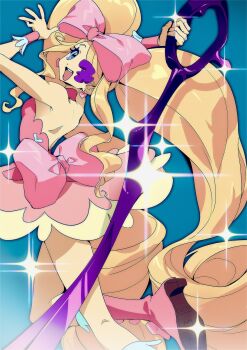 back blonde_hair blue_background blue_eyes boots bow breasts colored_eyepatch detached_collar dress drill_hair earrings eyepatch footwear_bow four-pointed_star frilled_boots frilled_skirt frilled_wrist_cuffs frills happy harime_nui heart heart_earrings highres jewelry kill_la_kill min_(bibbibtobib) pink_boots pink_bow pink_dress pink_wrist_cuffs scissor_blade_(kill_la_kill) shining skirt twin_drills twintails wrist_cuffs