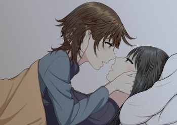 2girls absurdres black_hair black_shirt blue_eyes blue_shirt brown_eyes brown_hair commentary_request eye_contact grey_background hand_in_another's_hair hand_on_another's_face highres long_hair looking_at_another medium_hair multiple_girls original parted_lips pillow profile ryuusa shirt under_covers yuri