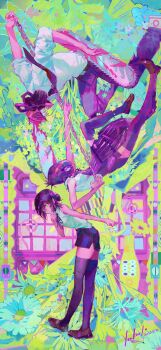 1boy 2girls absurdres bare_arms bare_shoulders black_choker black_ribbon black_shorts black_thighhighs blood bloody_weapon bomb bomb_devil_(chainsaw_man) breasts brown_shoes chain chainsaw chainsaw_devil chainsaw_man choker collared_shirt denji_(chainsaw_man) dual_persona explosive full_body green_eyes hair_between_eyes hair_bun highres holding holding_chain leaning_forward loafers medium_breasts multiple_girls neck_ribbon purple_hair reze_(chainsaw_man) ribbon sharp_teeth shirt shoes shorts sleeveless sleeveless_shirt smile teeth thighhighs updo weapon white_shirt yenkurl