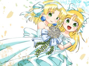2girls blonde_hair capcom dress green_eyes jewelry kalinka_cossack_(mega_man) long_hair mega_man_(classic) mega_man_(series) multiple_girls petals ribbon roll_(mega_man) wedding_dress white_background