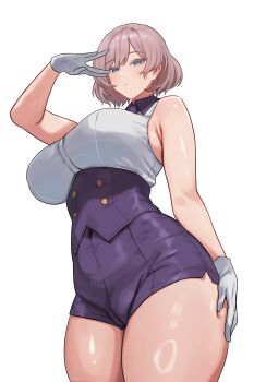 1girl absurdres blue_eyes blush breasts brown_hair buttons closed_mouth collared_dress commentary_request covered_navel curvy double-breasted dress erufura gloves gridman_universe highres large_breasts looking_at_viewer mujina purple_dress ring_light_reflection short_hair sidelocks sleeveless sleeveless_dress solo ssss.dynazenon standing thick_thighs thighs white_background white_dress white_gloves