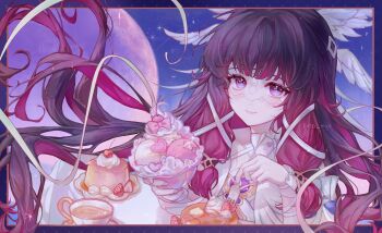 1girl artist_name black_hair columbina_(genshin_impact) cup eye_mask feathered_wings floating_hair food fork genshin_impact head_wings highres holding holding_fork ice_cream kato_myo long_hair mask moon multicolored_hair pancake pink_hair pudding purple_eyes smile solo sundae teacup twitter_username upper_body white_wings wings