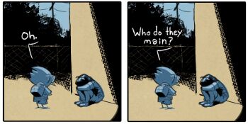 1boy ? aged_down animal_ears beak berdly_(deltarune) bird_boy chain-link_fence colored_skin day deltarune fence furry gate glasses holding looking_down shirt shoes sister:10269772 sitting tree utdr_(toby_fox) vikun