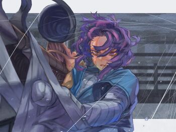 1girl absurdres bandaged_arm bandaged_chest bandaged_neck bandages boku_no_hero_academia clenched_teeth highres hospital_gown lady_nagant multicolored_hair pink_hair purple_eyes purple_hair rain scar scar_on_face short_hair teeth yomoyama_yotabanashi