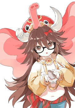 1girl animal animal_on_hand belly bindi bindi_visible_through_hair bow breasts brown_eyes brown_hair cleavage commentary_request elaine-didaea elephant_hat fate/grand_order fate_(series) ganesha_(fate) glasses hair_between_eyes hair_bow highres jinako_carigiri large_breasts long_hair looking_at_viewer midriff mouse_(animal) navel open_mouth plump semi-rimless_eyewear simple_background solo very_long_hair white_background