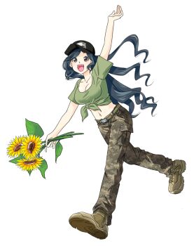 arm_up belt black_hat blue_hair boots breasts brown_eyes brown_footwear camouflage camouflage_pants combat_boots crop_top curly_hair dynamic_pose flower green_belt green_shirt happy hat highres holding holding_flower japanon kraken_(japanon) kraken_regiment light_blush long_hair medium_breasts midriff military military_uniform navel open_mouth original pants russo-ukrainian_war shirt short_sleeves smile soldier squid sunflower teeth tongue transparent_background upper_teeth_only very_long_hair walking