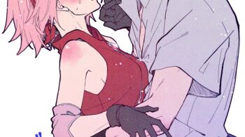 1boy 1girl bare_shoulders black_gloves blush breasts commentary_request couple eyes_out_of_frame from_side gloves haruno_sakura head_out_of_frame hetero naruto_(series) naruto_shippuuden pink_hair red_vest shirt short_hair simple_background small_breasts suzu_(tg_390) thumbnail_collage uchiha_sasuke upper_body vest white_background white_shirt