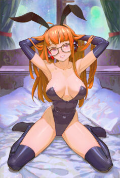 1girl ahoge alternate_breast_size_(larger) animal_ear_hairband animal_ears areola_slip arms_up black_leotard black_thighhighs breasts breasts_apart fake_animal_ears full_body glasses grin hairband headphones highleg highleg_leotard large_breasts leotard long_hair on_bed orange_hair persona persona_5 pillow playboy_bunny rabbit_ear_hairband rabbit_ears sakura_futaba sitting smile solo thighhighs very_long_hair wariza window yugen99