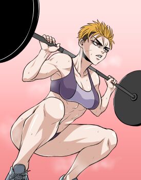 1girl blonde_hair brown_eyes exercising highres kimleon muscular muscular_female original shoes short_hair solo sweat tagme very_short_hair weightlifting