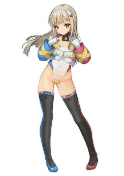 1girl absurdres alice_gear_aegis black_thighhighs breasts brown_eyes commentary_request contrapposto cowboy_shot grey_hair highleg highleg_leotard highres jacket leotard looking_at_viewer rakuhana_meru simple_background small_breasts solo thighhighs white_background white_leotard yashin_(yasinz)