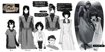 1boy 3girls absurdres age_comparison aged_down ahoge aierlaobo alternate_universe aqua_eyes bent_over bob_cut breasts brown_eyes check_translation chinese_commentary chinese_text commentary connie_graves douglas_graves eyepatch facial_hair frown glasses goatee green_eyes greyscale hair_intakes hair_ornament hairclip highres holding_hands jewelry lightning long_coat long_sleeves mature_eyes mature_female monochrome mother_and_daughter multiple_girls mustache necklace original puffy_long_sleeves puffy_sleeves rain reference_inset renee_graves short_hair small_breasts spot_color the_coffin_of_andy_and_leyley translation_request turtleneck