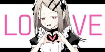 1girl alternate_costume apron black_ribbon black_shirt blonde_hair bush commentary enmaided flipped_hair frilled_apron frilled_hairband frills gakuen_idolmaster gradient_hair grey_hair hair_ornament hairband hairclip heart heart_hands heart_in_heart_hands idolmaster letterboxed long_hair looking_at_viewer maid maid_apron multicolored_hair open_mouth orange_eyes outside_border parallel_hairclips parted_bangs puffy_short_sleeves puffy_sleeves ribbon ribbon-trimmed_hairband sabi1234 shinosawa_hiro shirt short_sleeves solo symbol-only_commentary text_background upper_body white_apron white_background white_hairband