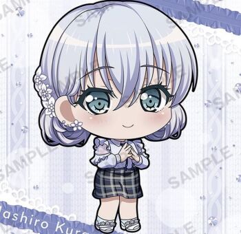 Rule 34 | 1girl, bang dream!, big head, bluish-white, character name, chibi, chibi only, closed mouth, earrings, flower, high heels, jewelry, kurata mashiro, looking at viewer, non-web source, pumps, short hair, skirt, smile, standing, white flower