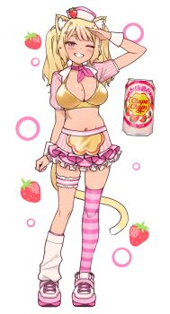 1girl absurdres animal_ears arm_up asymmetrical_legwear bikini bikini_top_only blonde_hair breasts can candy cat_ears chupa_chups cleavage comiket_103 commentary_request food frilled_skirt frills fruit full_body gyaru hair_ornament hat heart heart_hair_ornament highres large_breasts lollipop long_hair looking_at_viewer loose_socks miniskirt mole mole_on_breast navel neckerchief one_eye_closed original pink_eyes pink_nails pink_neckerchief pink_shoes pink_shrug salute shoes shrug_(clothing) single_thighhigh skirt smile sneakers socks solo star_(symbol) star_hair_ornament strawberry striped_clothes striped_thighhighs swimsuit thigh_strap thighhighs twintails white_background wrist_cuffs yeun