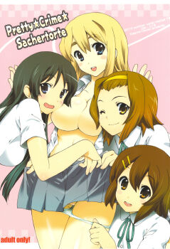 4girls akiyama_mio aqua_eyes black_hair blonde_hair blue_eyes blush breasts brown_hair cover grey_skirt hair_ornament hairband hairclip highres hirasawa_yui ho-kago_tea_time k-on! kotobuki_tsumugi large_breasts long_hair miniskirt multiple_girls one_eye_closed open_clothes open_mouth open_shirt orange_eyes panties panty_pull pleated_skirt round_teeth shirt short_hair skirt smile tainaka_ritsu teeth uguisu_kagura underwear undressing wavy_mouth wink yellow_eyes
