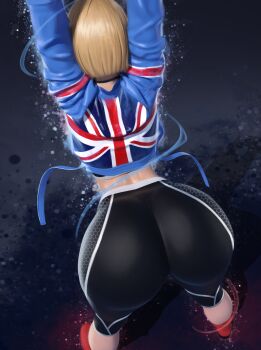 1girl 3d absurdres ass ass_focus blonde_hair blue_jacket boots cammy_stretch_(meme) cammy_white from_above from_behind highres huge_ass jacket long_sleeves meme pants popogori solo street_fighter street_fighter_6 stretching thick_thighs thighs tight_clothes tight_pants union_jack wide_hips yoga_pants