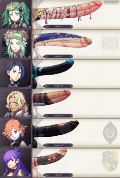 6+futa absurdres artist_name blonde_hair blue_eyes blue_hair blush catherine_(fire_emblem) character_name chart closed_mouth comparison dark-skinned_female dark_skin earrings erection female_shez_(fire_emblem) fire_emblem fire_emblem:_three_houses frown futanari gigantic_penis green_eyes green_hair hair_ornament hair_over_one_eye highres huge_penis jewelry kronya_(fire_emblem) kushishekku large_penis long_hair long_image looking_at_viewer matching_hair/eyes multiple_futa nintendo orange_hair pale_skin penis penis_chart penis_comparison penis_ornament penis_sheath penis_size_comparison penis_size_difference pointy_ears purple_eyes purple_hair red_eyes rhea_(fire_emblem) shamir_nevrand short_hair smile sothis_(fire_emblem) stud_earrings testicles twintails uncensored veins veiny_penis
