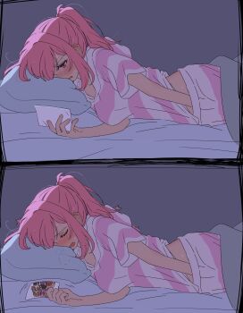 1girl absurdres amaori_haruna amaori_renako bed blush closed_eyes female_masturbation furrowed_brow highres hood hooded_sweater implied_incest indoors krill55 long_hair lying masturbation masturbation_under_clothes on_bed open_mouth ouzuka_mai pillow pink_hair ponytail purple_eyes sena_ajisai sidelocks sweat sweater two-tone_hoodie under_covers watashi_ga_koibito_ni_nareru_wake_naijan_murimuri!