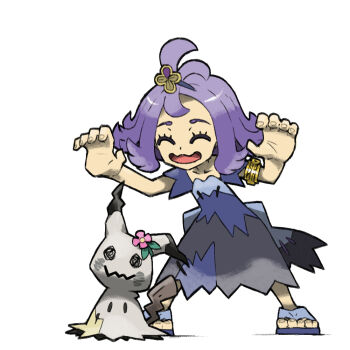 1girl acerola_(pokemon) alternate_color armlet blacknirrow closed_eyes dress eyelashes flower full_body gen_7_pokemon gold_armlet hair_ornament hands_up medium_hair mimikyu nintendo open_mouth patchwork_clothes pink_flower pokemon pokemon_(anime) pokemon_(creature) pokemon_sm_(anime) purple_dress purple_hair purple_sandals sandals shiny_pokemon simple_background smile standing white_background