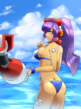 1boy 1girl android armor bandana beach bikini blue_bikini blunt_bangs blush bracelet breasts clenched_teeth commentary_request dark-skinned_female dark_skin gloves green_eyes headgear high_ponytail highres hime_cut holding_hands ishigaki_(sora_roxas) jewelry joints large_breasts layer_(mega_man) long_hair looking_at_another mega_man_(series) mega_man_x_(series) mega_man_x_dive mole mole_under_eye multicolored_bikini o-ring o-ring_bikini ocean official_alternate_costume ponytail purple_hair red_armor red_bandana robot_girl robot_joints shoulder_armor smile striped_bikini striped_clothes swimsuit swimsuit_layer_(mega_man) teeth two-tone_bikini white_gloves zero_(mega_man)