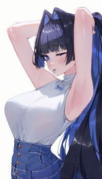 1girl absurdres armpits arms_up black_hair blue_eyes blue_hair blue_pants blunt_bangs blunt_ends breasts colored_inner_hair denim hair_intakes hair_tie_in_mouth highres hime_cut hololive hololive_english jeans large_breasts long_hair looking_at_viewer mouth_hold multicolored_hair official_alternate_costume one_eye_closed ouro_kronii ouro_kronii_(casual) pants shirt simple_background sleeveless sleeveless_turtleneck solo turtleneck tying_hair virtual_youtuber white_background white_shirt yoellim5