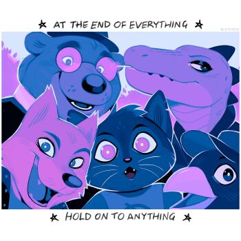 2girls 3boys absurdres angus_delaney animal_ears artist_name bea_santello beak bear_boy bear_ears bird_boy bleydhdu brown_hat cat_ears cat_girl cigarette commentary crocodile_girl english_text fangs fedora fox_boy fox_ears furry furry_female furry_male germ_warfare gregg_lee hat highres mae_borowski multiple_boys multiple_girls negative night_in_the_woods open_mouth round_eyewear smile smoke symbol-only_commentary upper_body whiskers