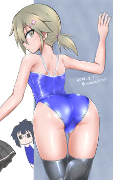 &lt;o&gt;_&lt;o&gt; 2girls :o against_wall arm_up ass back bare_arms bare_shoulders black_eyes black_hair black_skirt black_thighhighs blue_one-piece_swimsuit blush breasts brown_eyes brown_hair cameltoe chibi chibi_inset closed_mouth competition_school_swimsuit competition_swimsuit dated flower from_behind grey_skirt hair_between_eyes hair_flower hair_ornament hair_tie hairclip hand_up highres holding kirino_souya leaning_forward leaning_to_the_side leg_up long_hair looking_at_viewer looking_back low_ponytail low_twintails medium_hair minowa_gin multiple_girls no_shoes one-piece_swimsuit parted_lips peeking peeking_out pink_flower pleated_skirt ponytail profile school_swimsuit shiny_clothes shiny_legwear shiny_skin short_hair short_ponytail short_twintails shoulder_blades sidelocks signature skindentation skirt skirt_around_one_leg small_breasts solo_focus standing standing_on_one_leg swimsuit thigh_gap thighhighs thighs twintails twitter_username unworn_skirt washio_sumi_wa_yuusha_de_aru white_background yuusha_de_aru