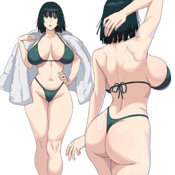 1girl absurdres ass bare_back bikini breasts cleavage collarbone fubuki_(one-punch_man) fur_jacket green_bikini green_eyes green_hair groin hand_on_own_hip highres jacket jacket_on_shoulders ksksksa large_breasts looking_at_viewer navel one-punch_man parted_lips short_hair solo swimsuit thighs white_jacket