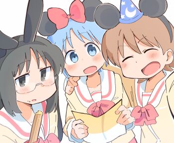 Rule 34 | 3girls, aioi yuuko, animal ear hairband, animal ears, black eyes, black hair, blue eyes, blue hair, blue hat, bow, bowtie, brown hair, closed eyes, collarbone, disney, fake animal ears, glasses, hair bow, hairband, hand on another's shoulder, hat, highres, holding, holding churro, holding paper, long hair, looking at viewer, mickey mouse ears, minakami mai, mini hat, minnie mouse ears, mouse ears, multiple girls, naganohara mio, nichijou, open mouth, paper, rabbit ears, red bow, red bowtie, sailor collar, school uniform, semi-rimless eyewear, serafuku, sidelocks, simple background, tokisadame school uniform, white background, white sailor collar, wichimi, wizard hat, yellow serafuku