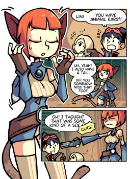 animal_ears bare_shoulders black_hair blonde_hair bob_cut breasts breath_of_fire breath_of_fire_v cat_ears cat_tail character_request comic english_text goggles goggles_on_head hair_over_one_eye interrupted lin_(breath_of_fire) medium_breasts orange_hair aiming setz speech_bubble tail thighhighs