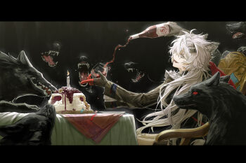 1girl absurdres alcohol animal animal_ear_fluff animal_ears arknights black_dress black_fur black_gloves bottle cake candle chair chinese_commentary commentary commentary_request cup deatiose dress drinking_glass english_commentary fangs food gloves hair_ornament hairclip highres holding holding_cup italian_commentary lappland_(arknights) lappland_the_decadenza_(arknights) letterboxed long_hair long_sleeves mixed-language_commentary official_alternate_costume open_mouth red_eyes scar scar_across_eye scar_on_face sitting solo table white_hair wine wine_bottle wine_glass wolf wolf_ears wolf_girl
