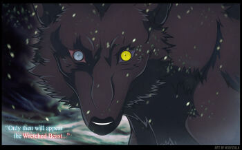animal animal_focus commentary darcia english_commentary english_text grey_eyes heterochromia highres letterboxed looking_at_viewer no_humans snowing solo wolf wolf&#039;s_rain woofzilla yellow_eyes