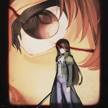 Rule 34 | 2girls, absurdres, aijou karen, arms at sides, artist name, ascot, black coat, black hair, blue eyes, brown eyes, brown hair, clenched hand, closed mouth, coat, commentary, crossed bangs, english commentary, epaulettes, feet out of frame, hair ornament, hairclip, high collar, highres, holding, holding sword, holding weapon, juliet sleeves, kagura hikari, ling (chaaaaanhikari), long coat, long hair, long sleeves, looking at viewer, multiple girls, official alternate costume, open clothes, open coat, pants, projected inset, projector screen, puffy sleeves, purple pants, scar, scar across eye, scar on face, shadow, shirt, shoujo kageki revue starlight, sparkle hair ornament, standing, sword, v-shaped eyebrows, very long hair, weapon, white ascot, white shirt