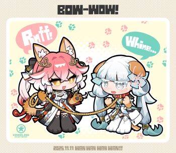 Rule 34 | 2girls, animal ear fluff, animal ears, animal hands, artist logo, black dress, black jacket, black thighhighs, breasts, bright pupils, changli (wuthering waves), coat, colored eyelashes, commentary, dated, dog-san, dog ears, dog girl, dress, english text, hair ornament, hair rings, hands up, highres, holding, holding leash, jacket, jinhsi (wuthering waves), kemonomimi mode, leash, logo, medium breasts, multicolored hair, multiple girls, open mouth, pink hair, smile, symbol-only commentary, thigh strap, thighhighs, twintails, two-tone hair, white coat, white dress, white eyelashes, white eyes, white hair, white pupils, wuthering waves, yellow eyes