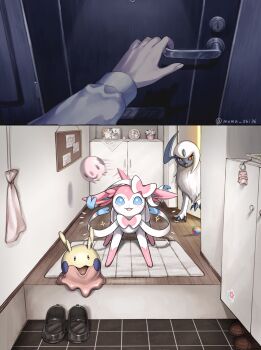 1other :3 :d absol absurdres afterimage alternate_color animal_focus artist_name black_shoes blue_eyes blush body_fur bow bright_pupils brown_shoes cabinet charm_(object) claws colored_extremities colored_skin commentary_request door door_handle ears_down female_pov flower flower_pot gen_3_pokemon gen_5_pokemon gen_6_pokemon genkan goomy hand_on_handle happy highres horns indoors loafers long_sleeves looking_at_viewer multicolored_skin munna nintendo notice_lines open_mouth opening_door pet photo_(object) picture_frame pink_bow pink_skin pink_tail plant pokemon pokemon_(creature) pokemon_focus potted_plant pov pov_hands red_eyes sash shiny_pokemon shirt shoes single_horn slice_of_life slug smile solid_oval_eyes sparkle standing sticky_note substitute_(pokemon) sylveon tablecloth tail tail_wagging tile_floor tiles twitter_username two-tone_bow two-tone_skin unworn_shoes w8ukg2 white_bow white_flower white_fur white_pupils white_sash white_shirt white_skin wooden_floor