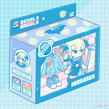 1girl action_figure blonde_hair blue_background blue_overalls blue_shirt blush_stickers boots box chibi chibi_only closed_mouth commentary demon_wings dot_nose english_commentary full_body grey_boots grid_background head_wings highres hiro046k in_box in_container jacket long_sleeves original overalls red_eyes shirt short_hair short_sleeves signature solo standing striped_clothes striped_shirt track_jacket unworn_boots unworn_jacket vertical-striped_clothes vertical-striped_shirt wings