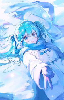 1girl blue_eyes blue_hair blue_scarf coat earmuffs gloves hatsune_miku highres lying on_back scarf snow v vocaloid white_coat yutttang