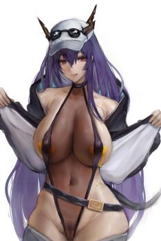 1girl absurdres arknights baseball_cap belt blue_eyes bodypaint boingoo breasts ch&#039;en_(arknights) chinese_commentary clothes_pull covered_navel dragon_girl dragon_horns female_focus female_pubic_hair hair_between_eyes hat highres hip_bones horns horns_through_headwear jacket large_breasts long_hair looking_at_viewer open_clothes open_jacket paint_splatter pants pants_pull pasties pubic_hair pussy red_eyes see-through_clothes self_exposure shiny_skin shorts shorts_pull sidelocks skindentation solo sunglasses_on_hat sunglasses_on_head swimsuit swimsuit_under_clothes thick_thighs thighs very_long_hair white_background white_hat